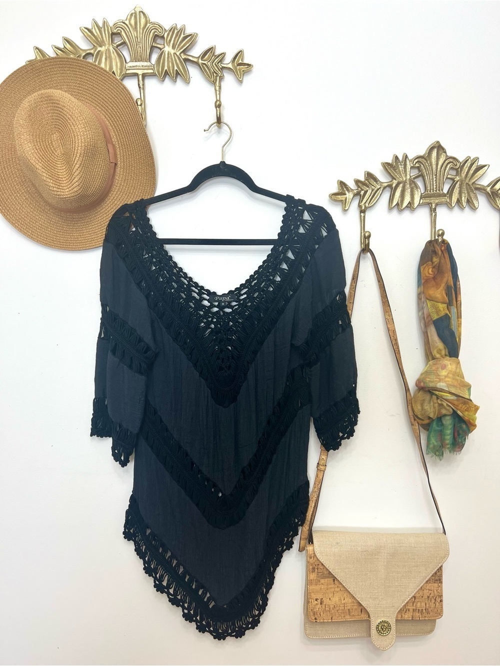 Black Crochet V-Neck Poncho Top s/m ptp 19” l 33”